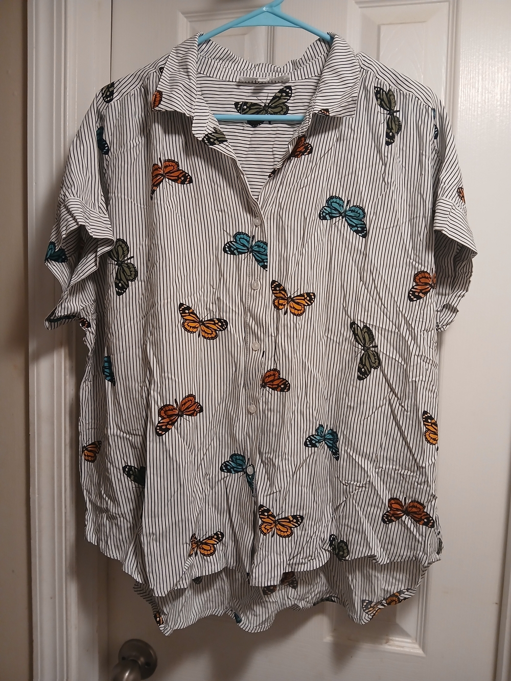 Jane + DELANCEY Striped Button-Up Shirt with Butterfly Print - White/Black SZ.XL